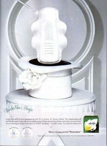 December 2009 advertisement for Always Infinity pads, which promises to "pull its own disappearing act" and "absorb four times more than you may need". 